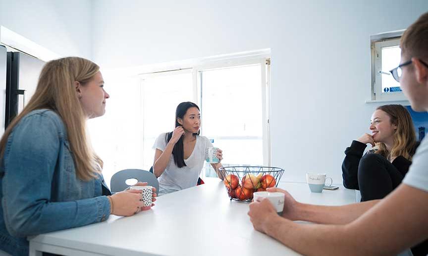 Students enjoying a hot drink and a chat Four students sit in their Sanctuary Students flat kitchen with a hot drink.