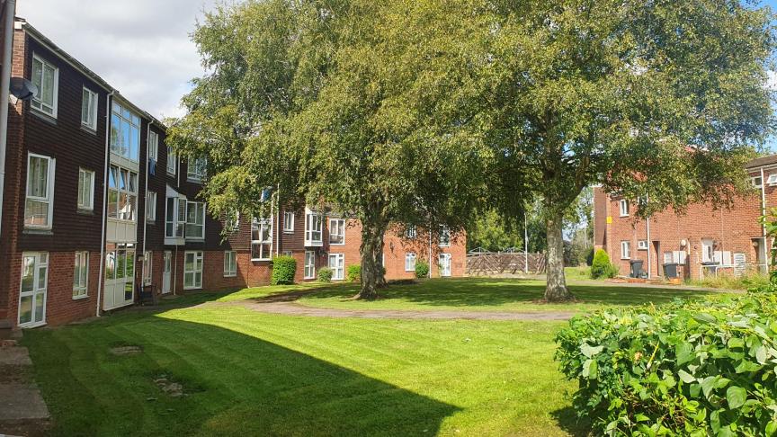 A lush well-maintained communal garden area